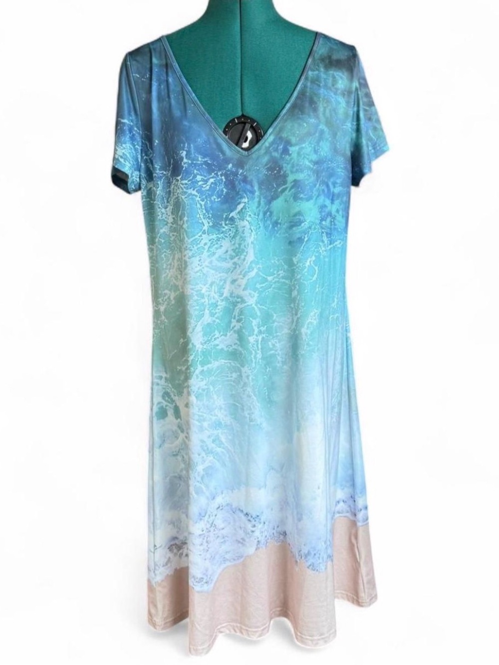 Noracora Ocean-Print V-Neck Midi Dress in Seafoam Blue